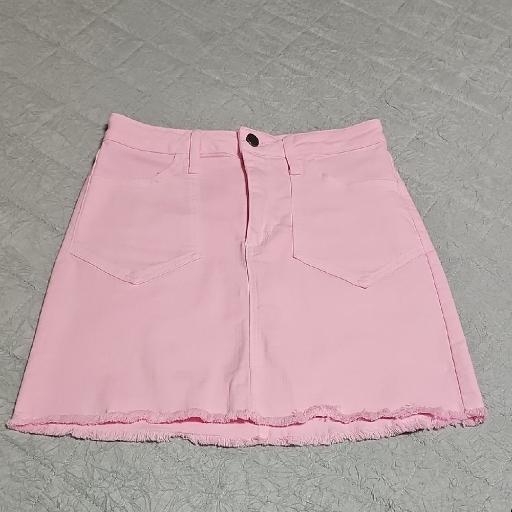 Just Black Pink Denim Mini Skirt with Raw Hem